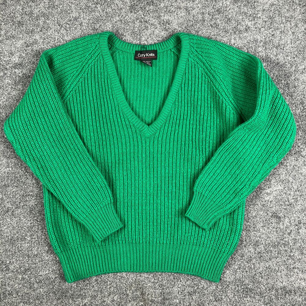 Curry Knits Sweater Women's Small Green Wool Blend V-Neck Ribbed Knit Hong Kong